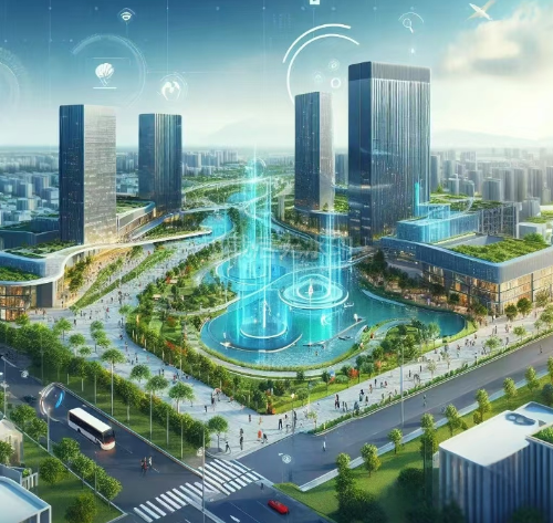 Aerial view of goods warehouse. Logistics center in industrial city zone from above. Aerial view of trucks loading at logistic center