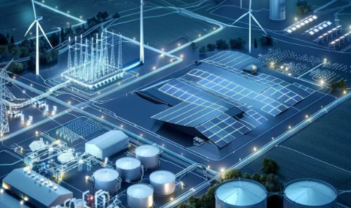 Aerial view of goods warehouse. Logistics center in industrial city zone from above. Aerial view of trucks loading at logistic center